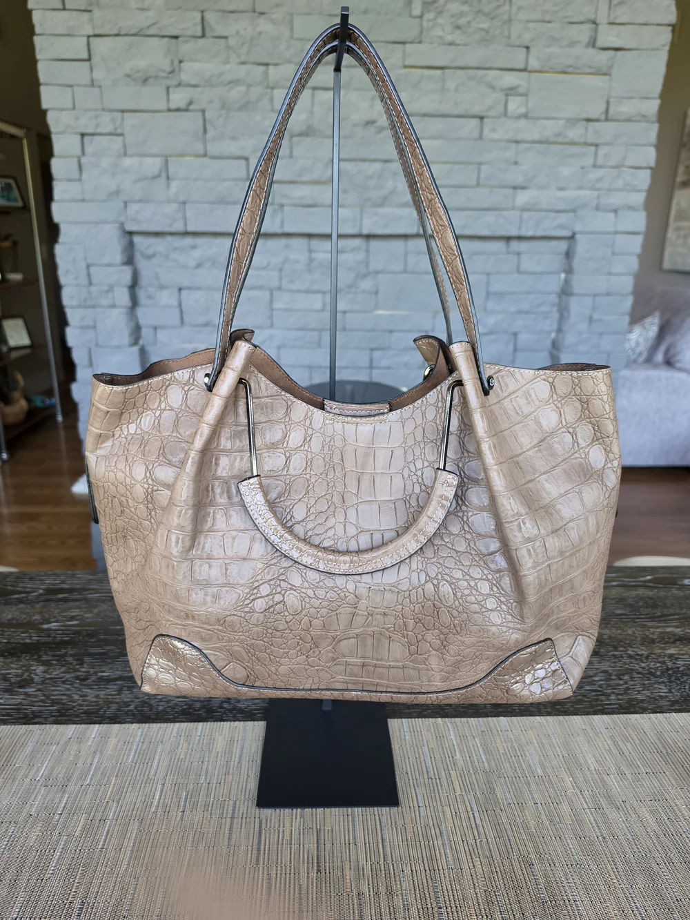 Sondra Roberts Squared Light Mocha Croc-Embossed Leather Tote Bag